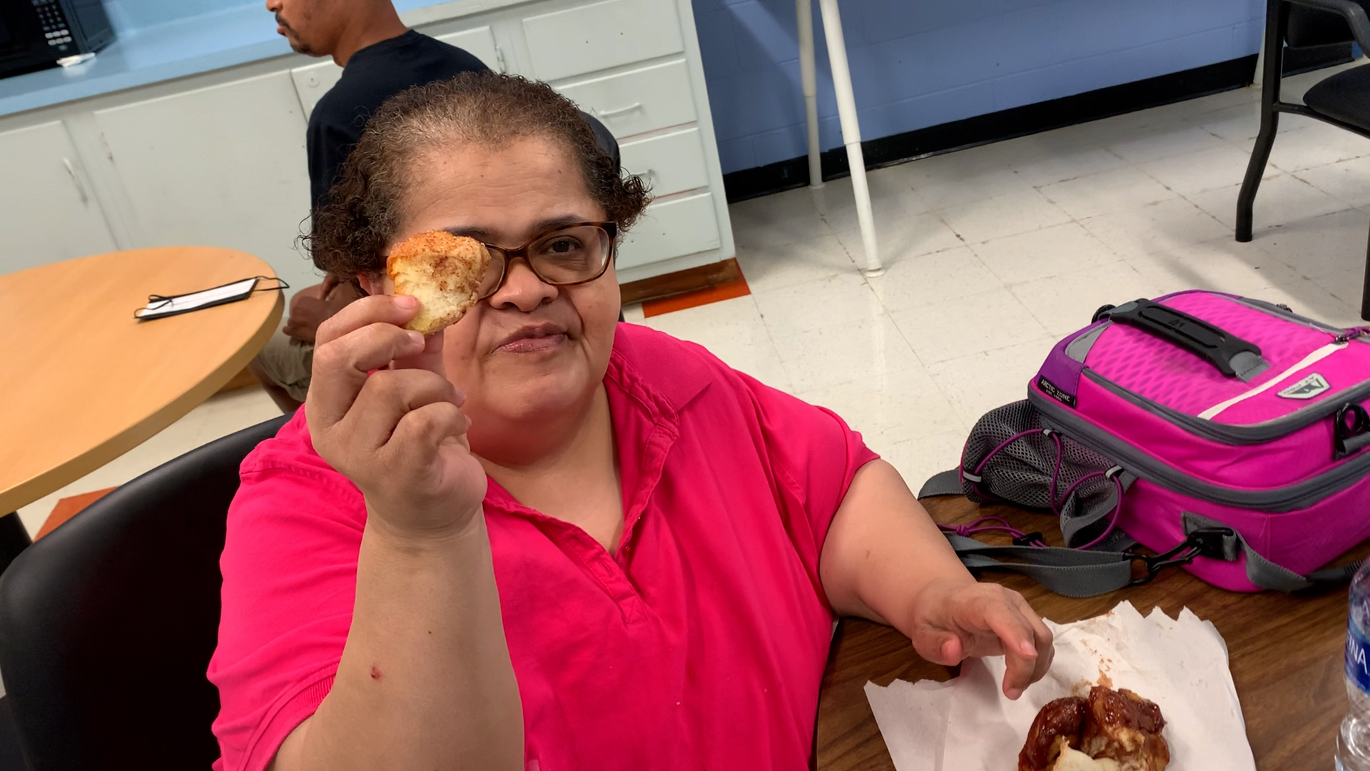 Yvonne enjoying the fruits of her labor.