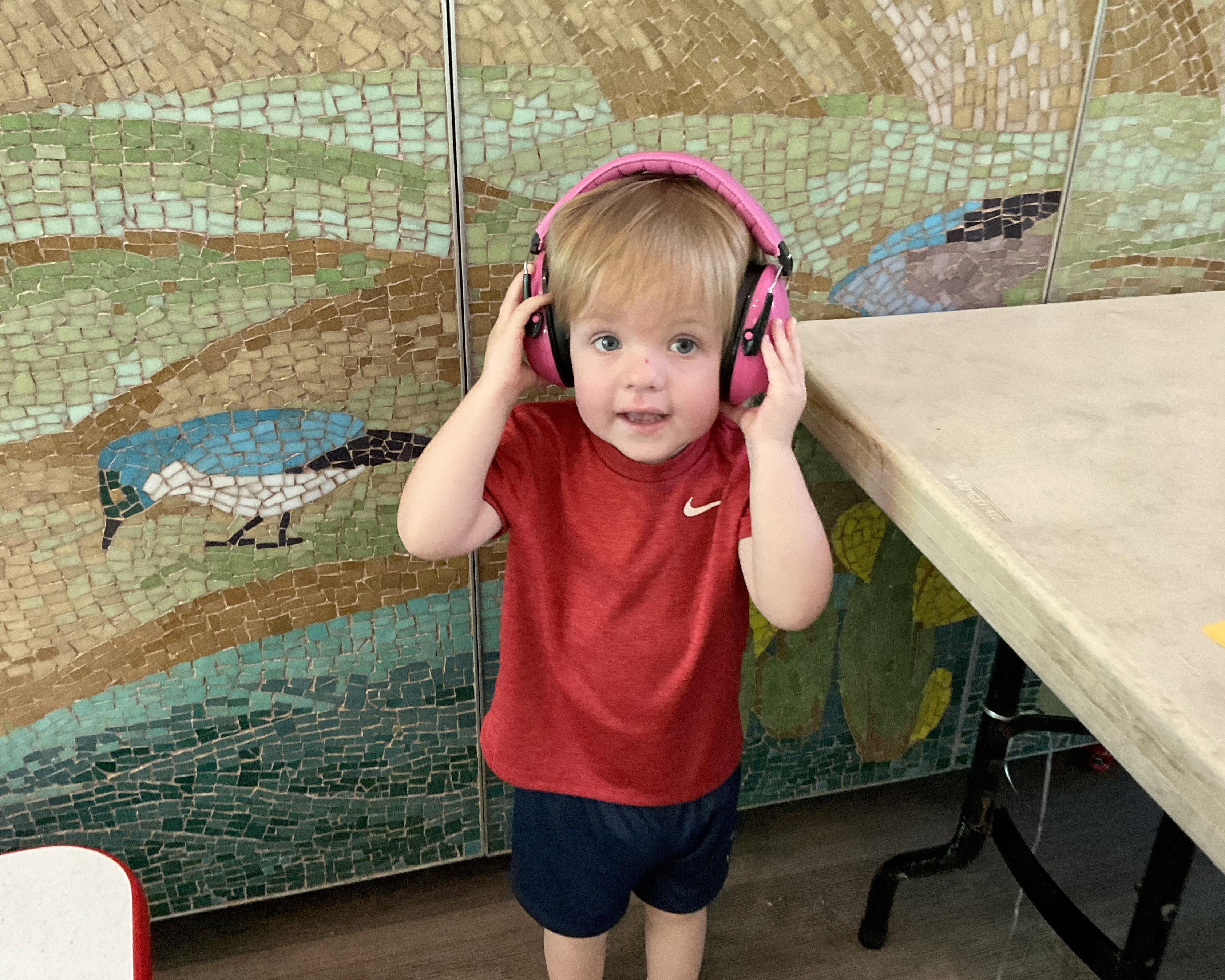 Trying out the noise-reducing headphones