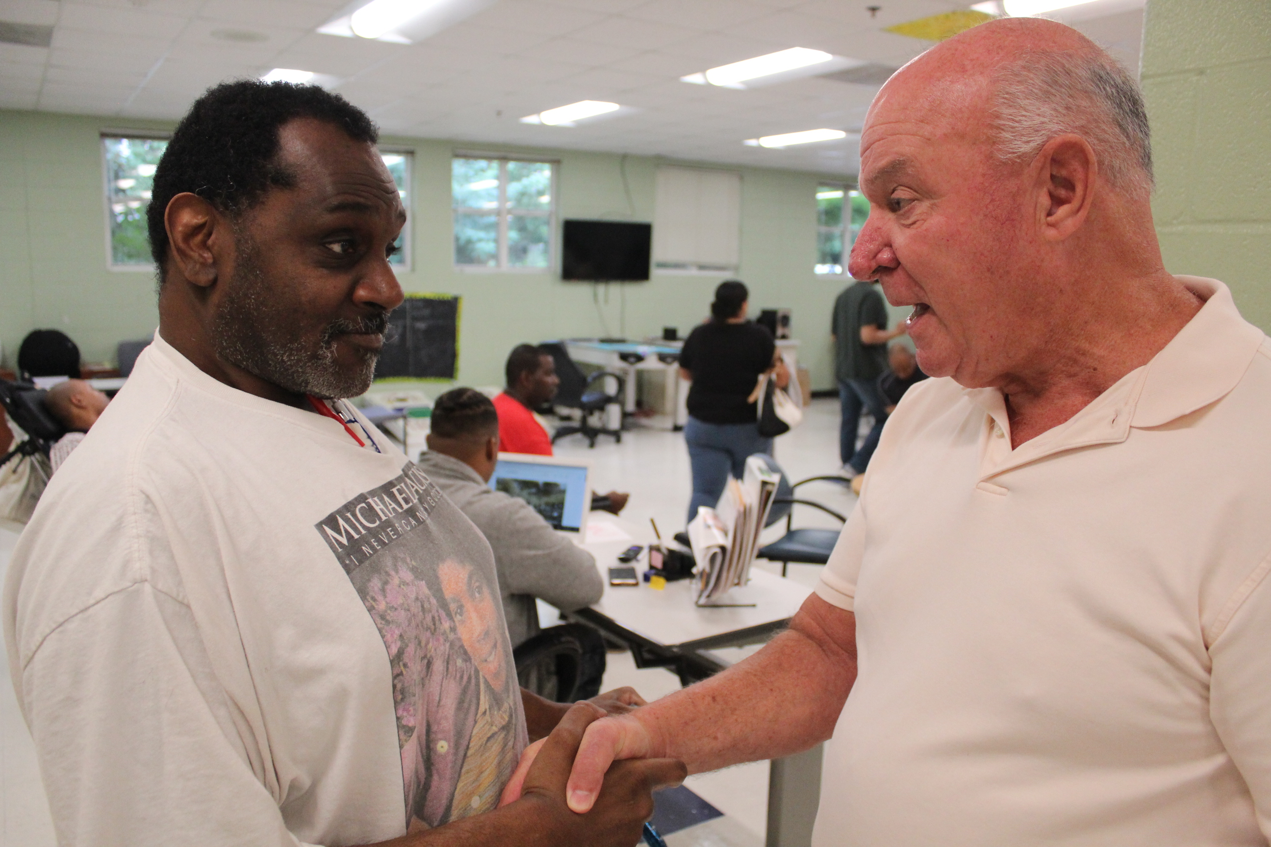 Michael and George talking theatre. Michael is working on a script, and George once played the Jimmy Stewart role in a production of “Harvey.”