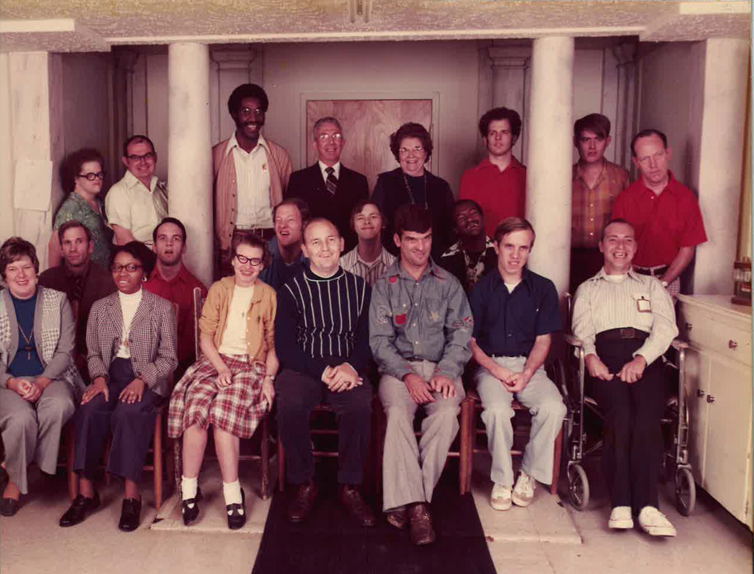 Charlie (2nd row, 2nd from left) with fellow students and teachers in front of the shop, circa 1960s