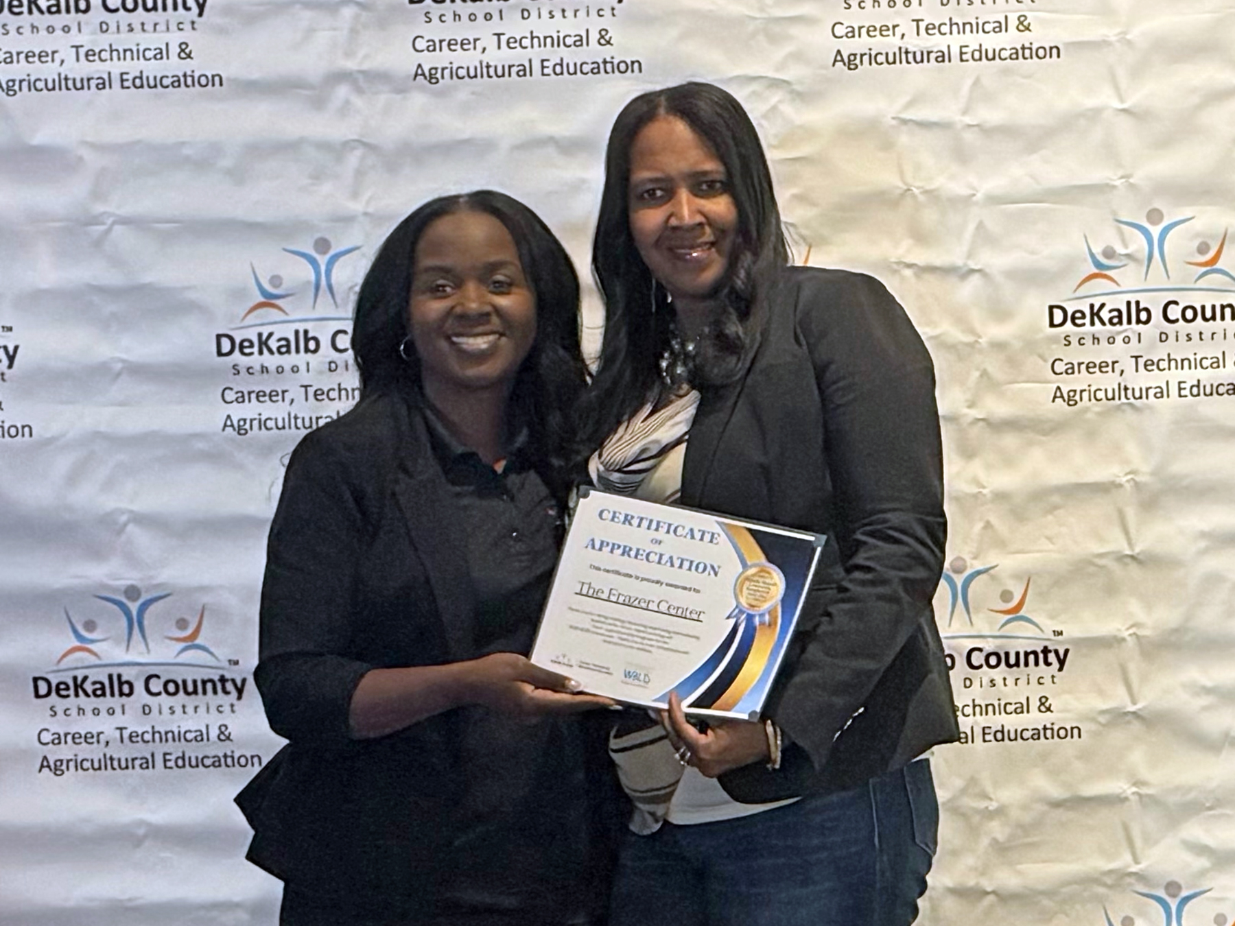 Frazer Center was honored at the DeKalb County School District’s CTAE Partner and Work-Based Learning Employer Appreciation Event. Sonya Hughey (r), Frazer’s Director of Human Resources, leads the initiative and accepted the honor for Frazer Center.